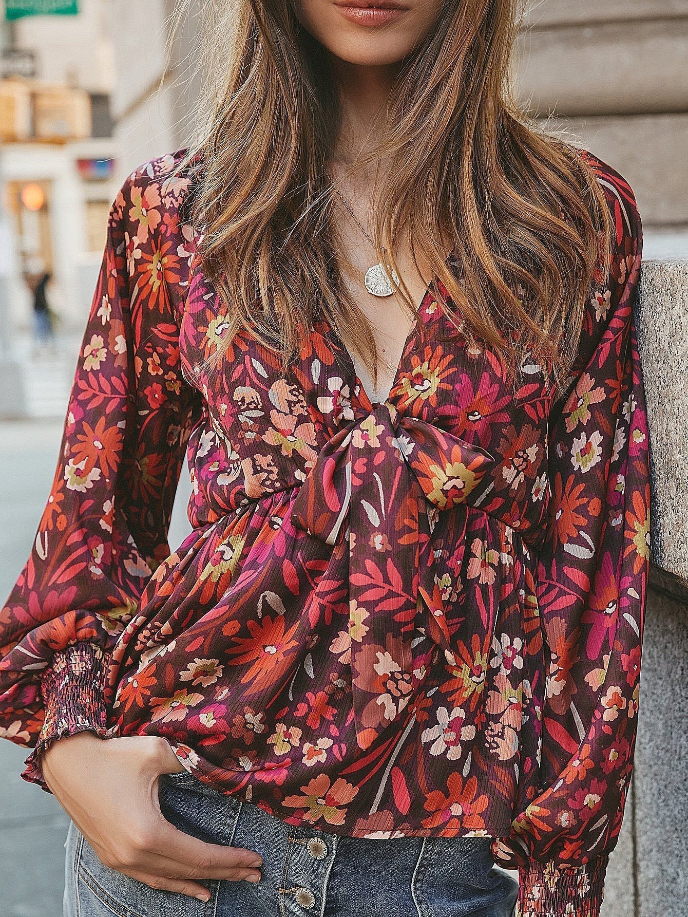 Women Deep V Neck Bow Front Long Sleeve Print Blouse - Fashionpara