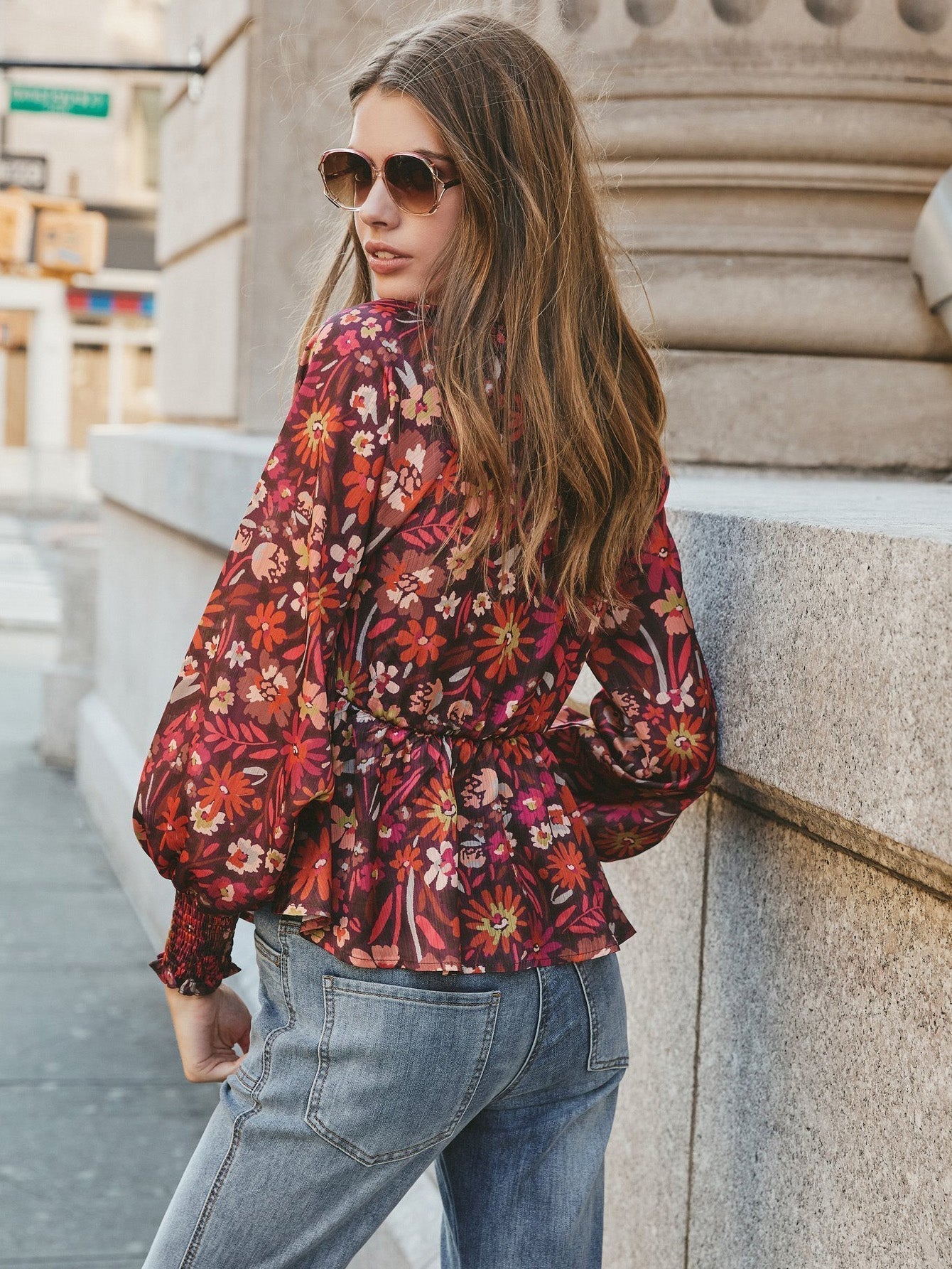 Women Deep V Neck Bow Front Long Sleeve Print Blouse - Fashionpara