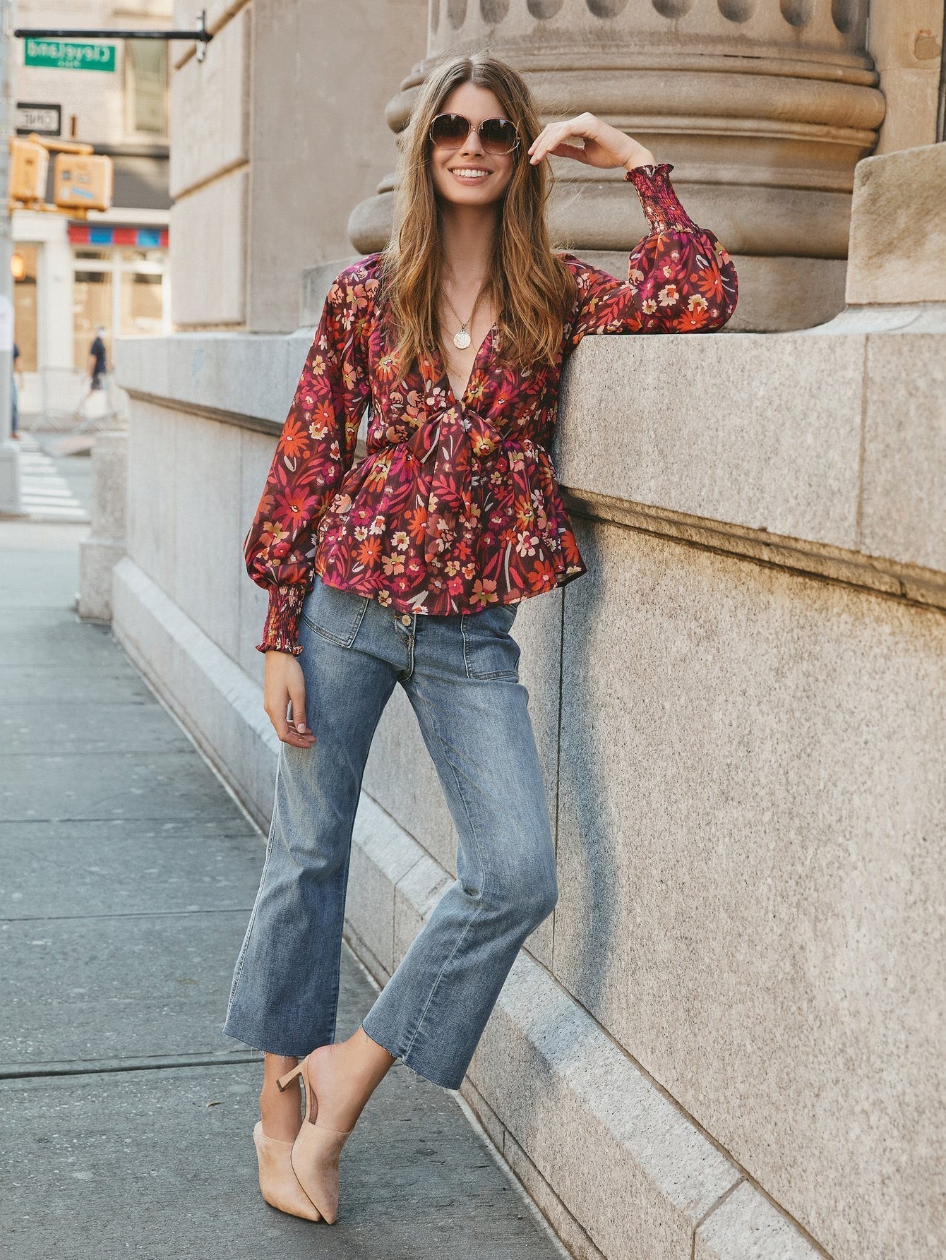 Women Deep V Neck Bow Front Long Sleeve Print Blouse - Fashionpara