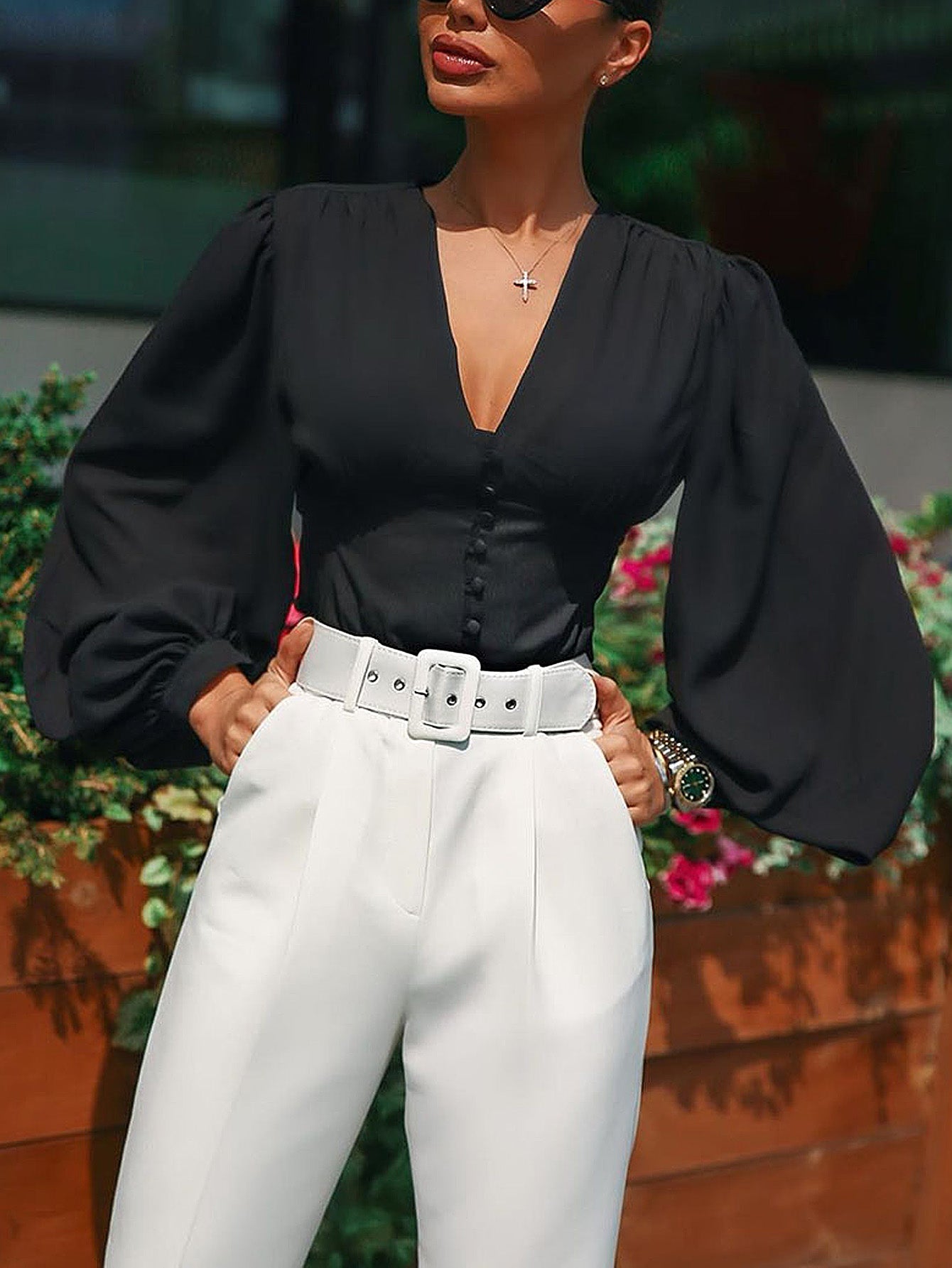 Women Deep V Neck Lantern Long Sleeve Blouse Casual Loose Pleated Shirt - Fashionpara