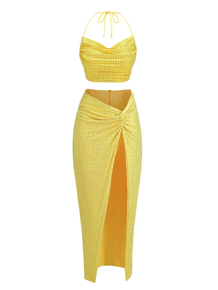 Diamonds 2 Piece Set Swinging Collar Crop Tops Long Skirts Party Dress 7