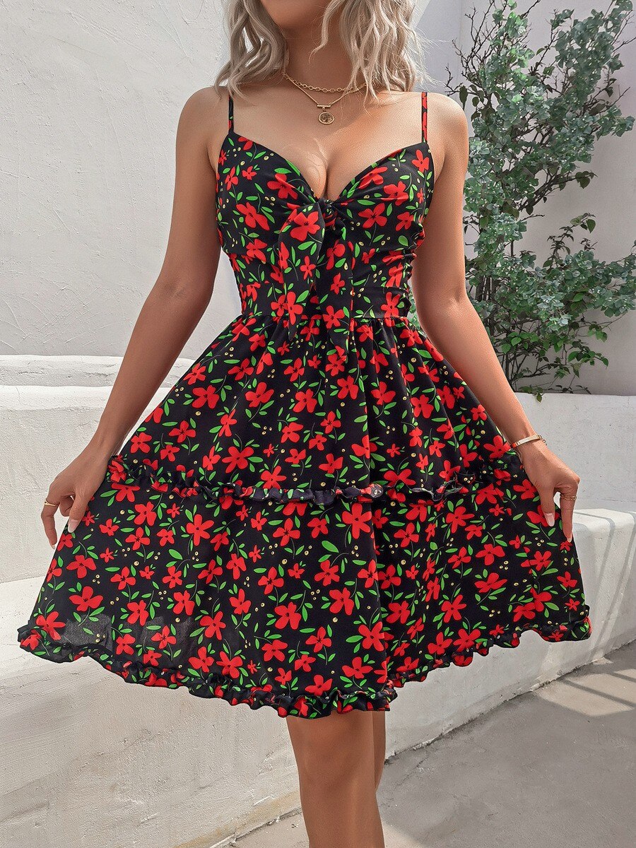 Floral Print Sweetheart Tie-Front Tiered Ruffle Mini Dress 2