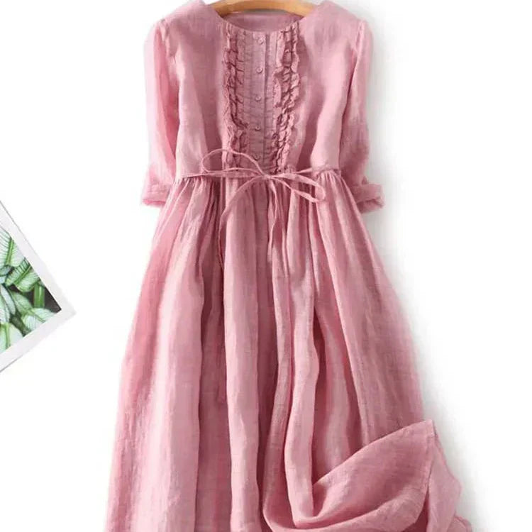 Round Neck Ruffle Placket Drawstring Waist Midi Dress 4