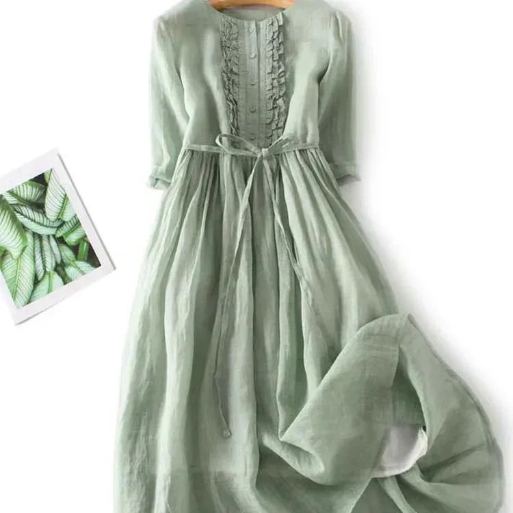 Round Neck Ruffle Placket Drawstring Waist Midi Dress 2