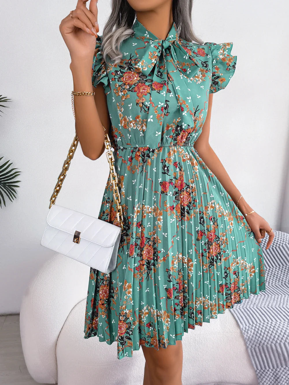 Elegant Floral Print Bow Pleated Slim Waist Floral Dress