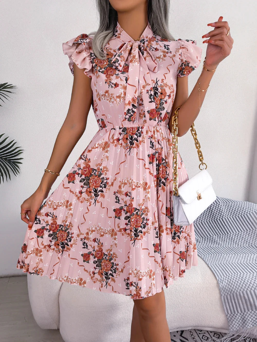 Elegant Floral Print Bow Pleated Slim Waist Floral Dress