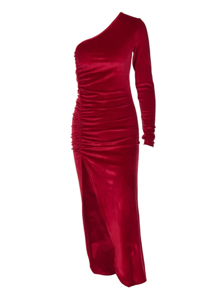 Velvet One-Shoulder Long Sleeve Ruched Split Bodycon Mini Dress 6