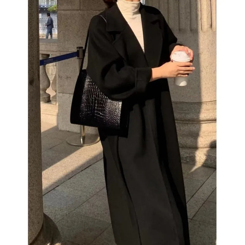 Elegant Woolen Belted Long Overcoat