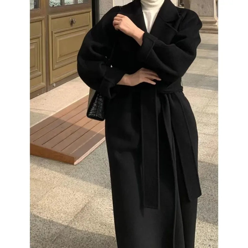 Elegant Woolen Belted Long Overcoat
