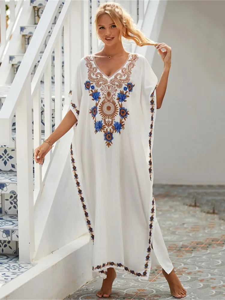 Embroidered Kaftan Beach Vacation Floral Dress