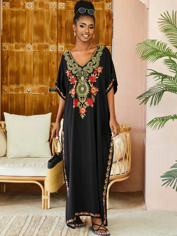 Embroidered Kaftan Beach Vacation Floral Dress