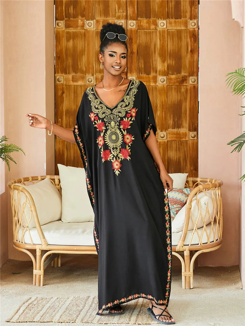 Embroidered Kaftan Beach Vacation Floral Dress