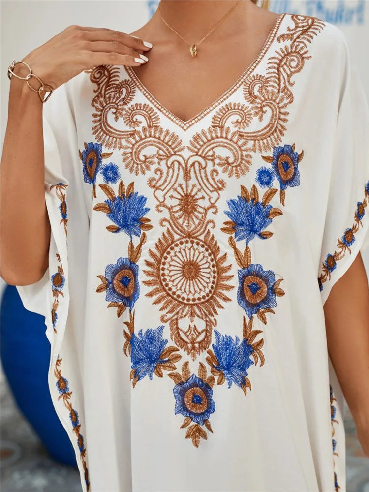 Embroidered Kaftan Beach Vacation Floral Dress
