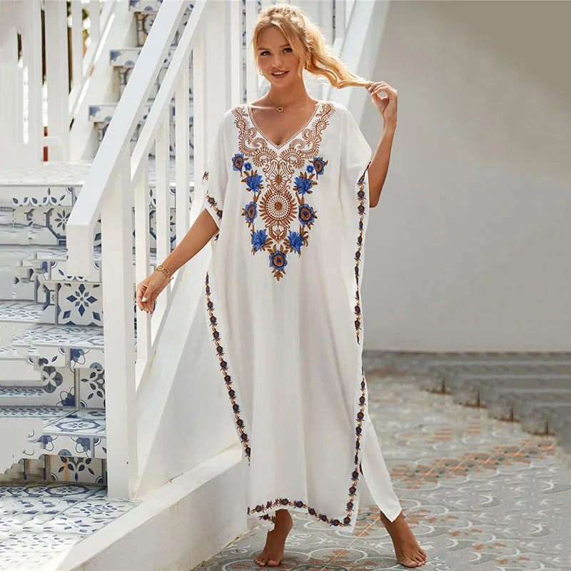 Embroidered Kaftan Beach Vacation Floral Dress