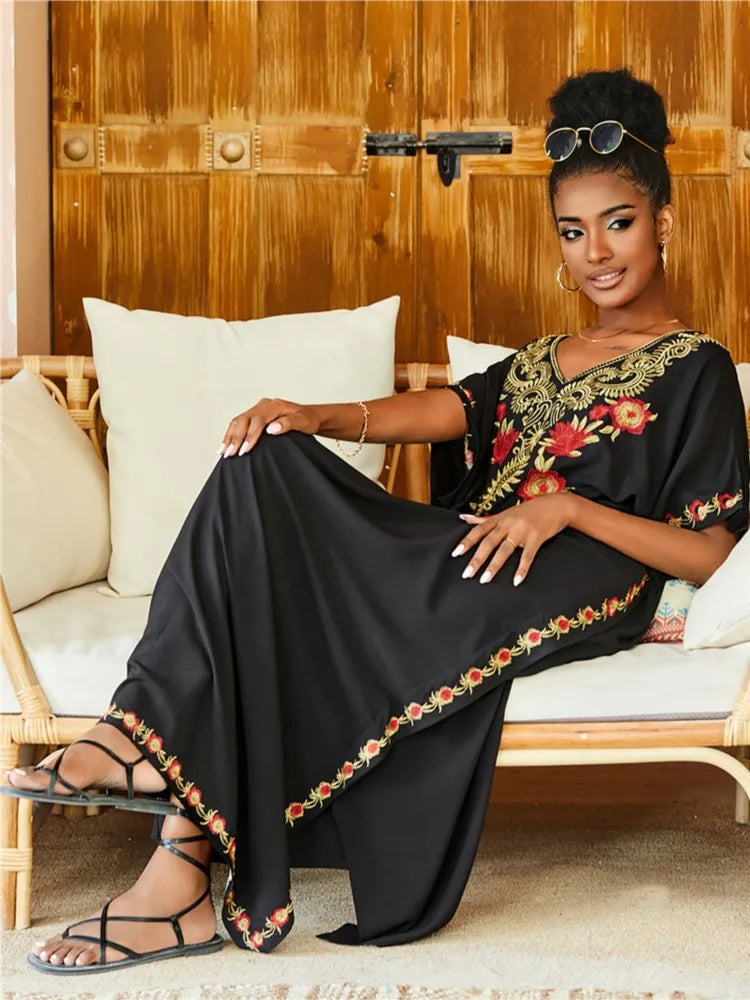 Embroidered Kaftan Beach Vacation Floral Dress