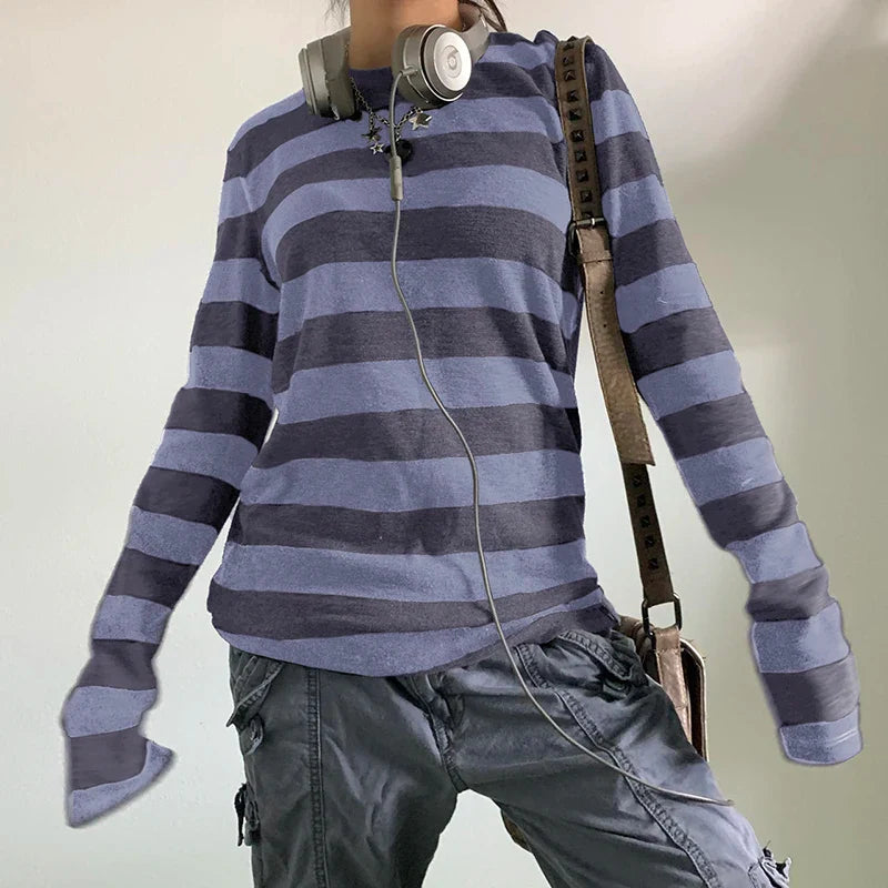 Fairy Grunge Knit Oversized Striped Long Sleeve Crewneck Knit Top - Fashionpara