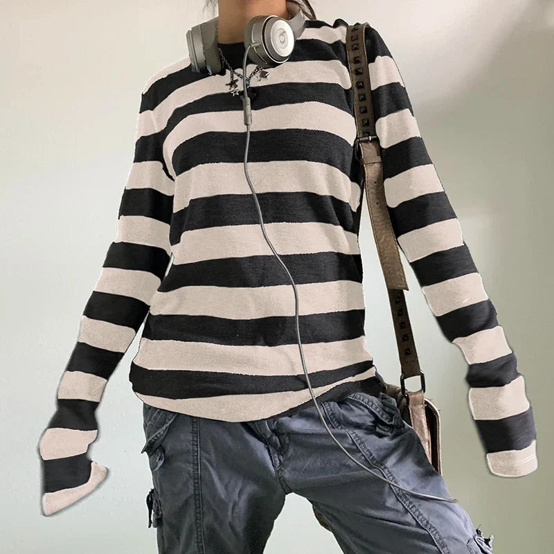 Fairy Grunge Knit Oversized Striped Long Sleeve Crewneck Knit Top - Fashionpara