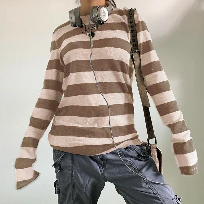 Fairy Grunge Knit Oversized Striped Long Sleeve Crewneck Knit Top - Fashionpara