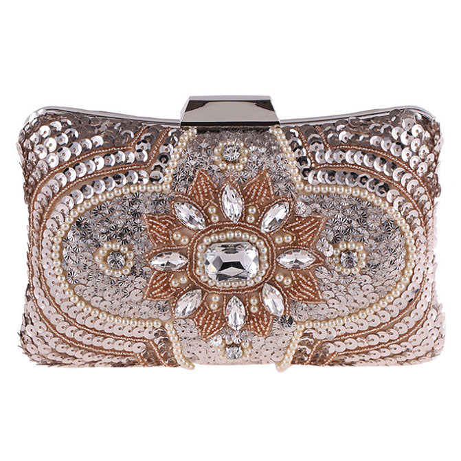 Women Champagne Evening Handbag Beaded Clutch Party