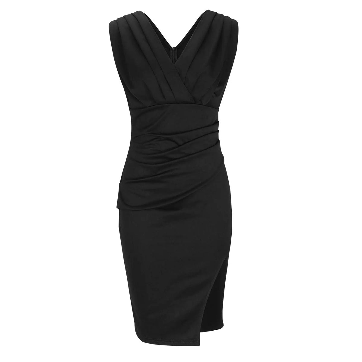 Deep V-Neck Sleeveless Ruched Pleated Bodycon High Split Midi Dress - View 10