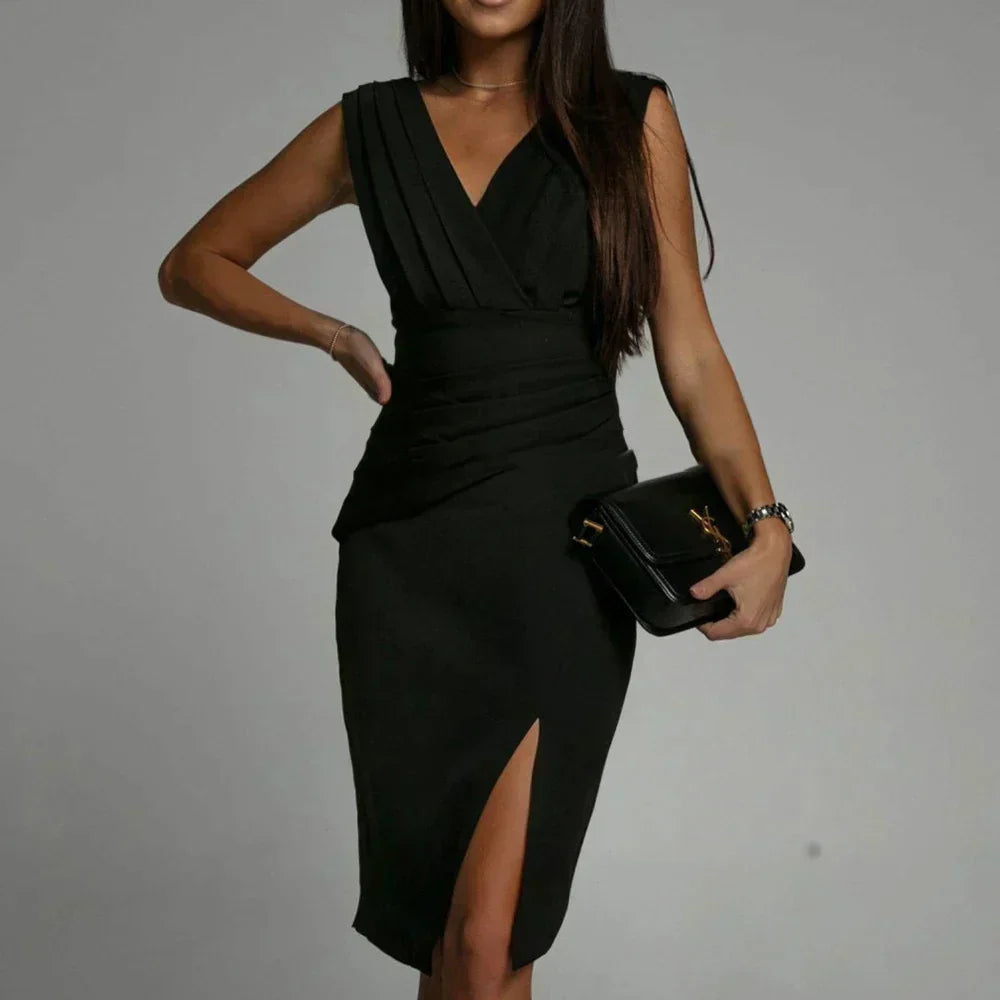 Deep V-Neck Sleeveless Ruched Pleated Bodycon High Split Midi Dress - View 3