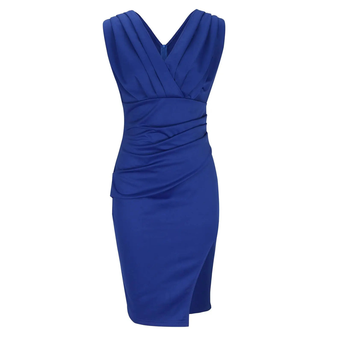 Deep V-Neck Sleeveless Ruched Pleated Bodycon High Split Midi Dress - View 9