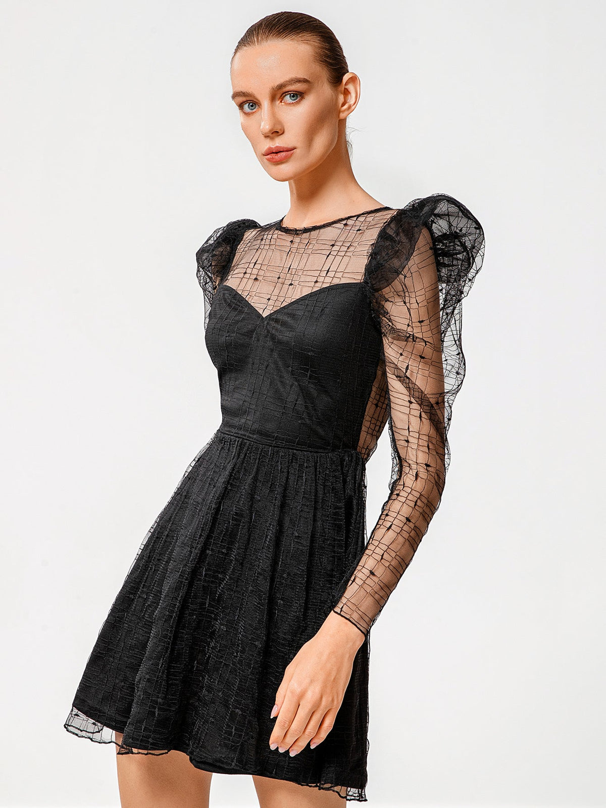 Mesh Grid Overlay Puff Sleeve Sweetheart Fit and Flare Mini Dress