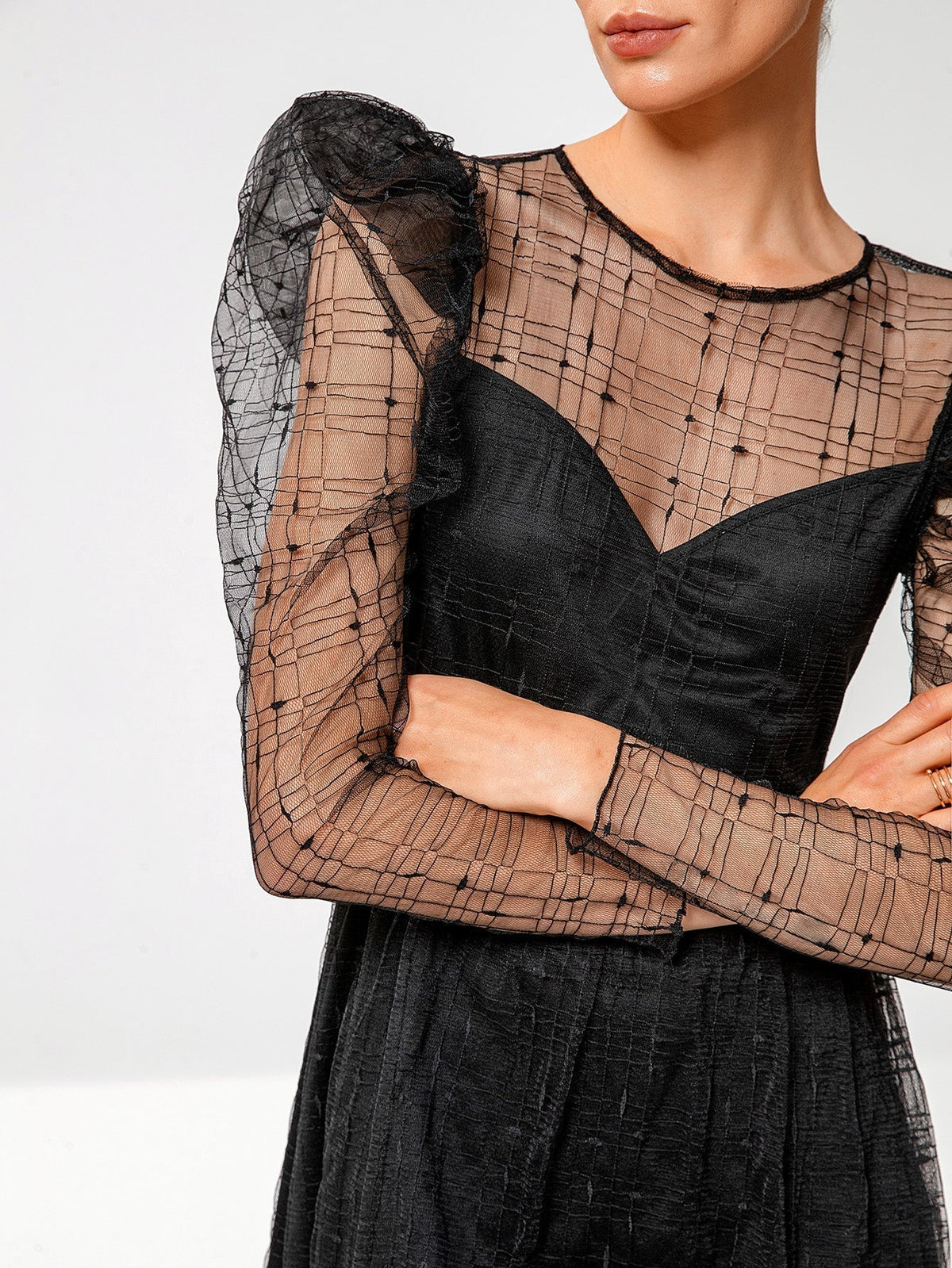 KittenAlarm - Women Fashion See Through sexy butterfly dot embroidery lace dress short skirt Gigot sleeve dress