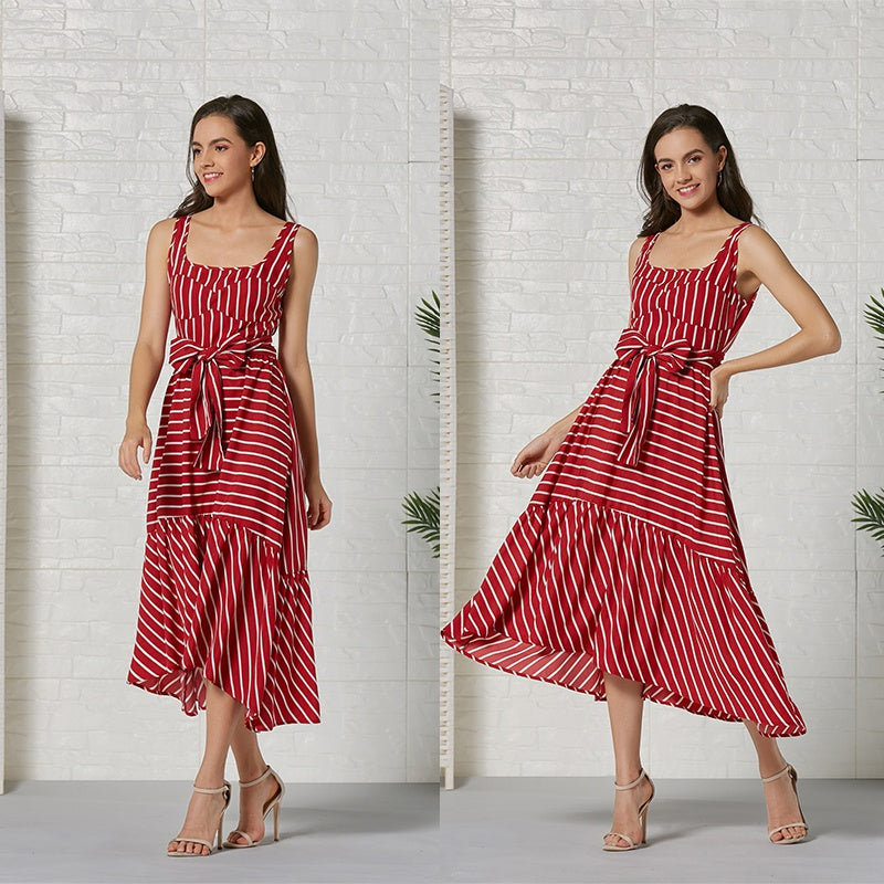 Women Fashion Sleeveless Stripe Maxi Dress Party Belt waist Casual Beach Long Dress - Fashionpara