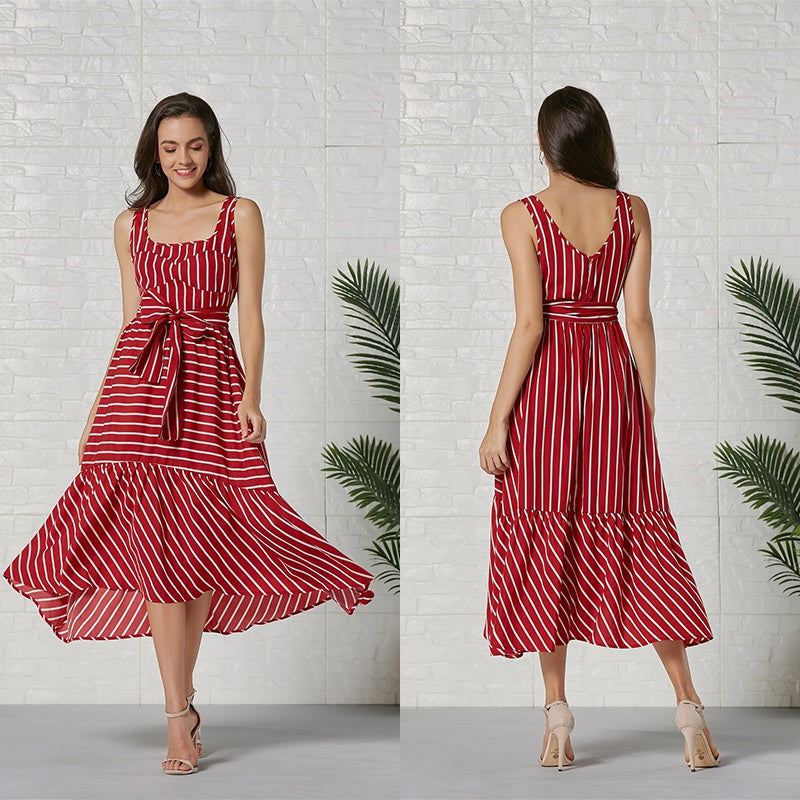 Women Fashion Sleeveless Stripe Maxi Dress Party Belt waist Casual Beach Long Dress - Fashionpara