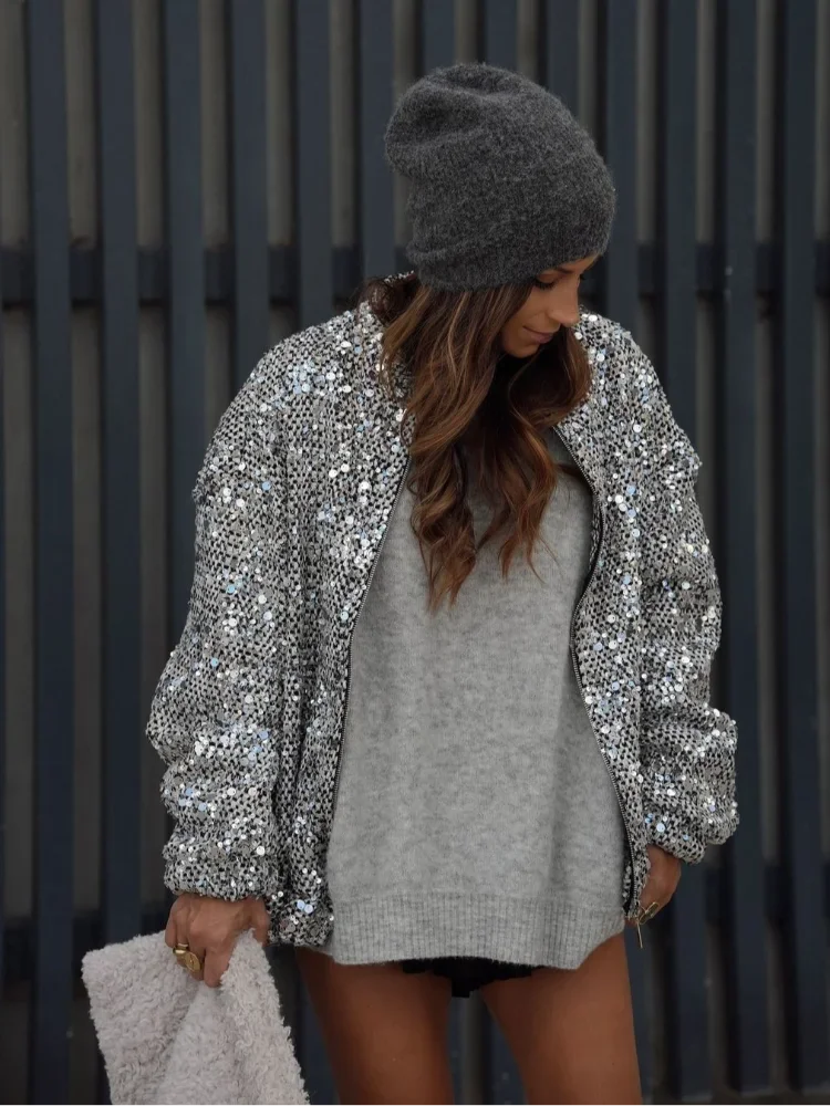 Silver Sequins Patchwork Bomber Coat