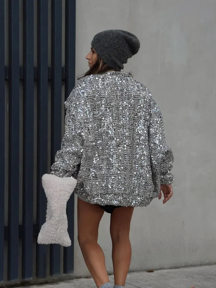 Silver Sequins Patchwork Bomber Coat