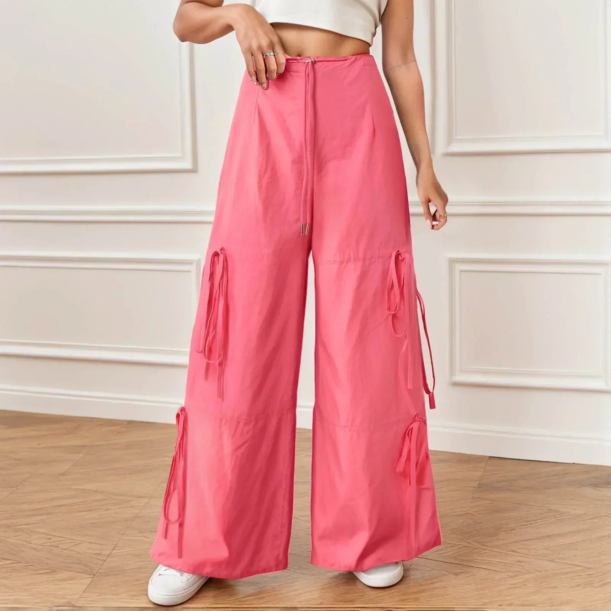 Pleated Wide Leg Sports Bow Tie Pants Hot Pink / S