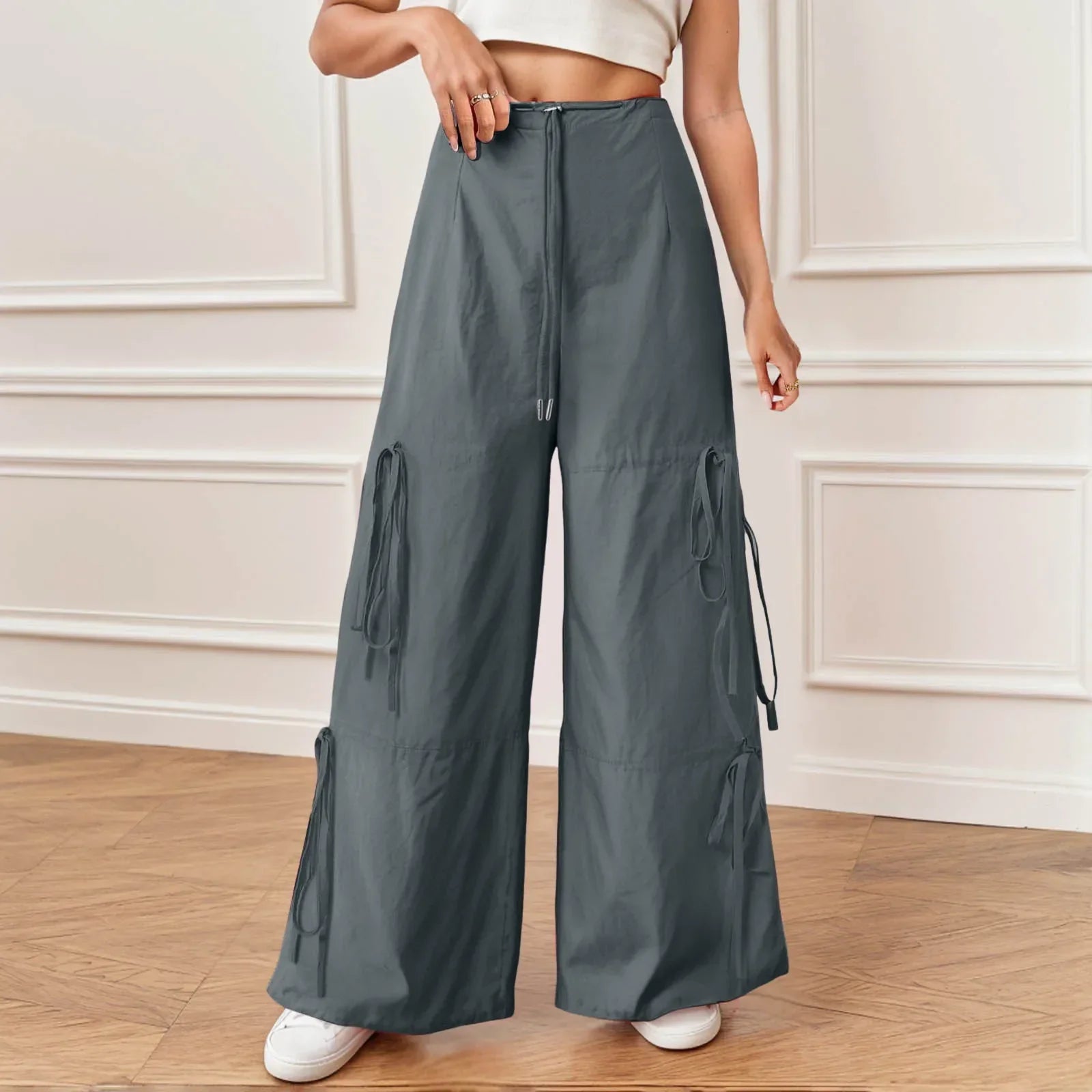 Pleated Wide Leg Sports Bow Tie Pants