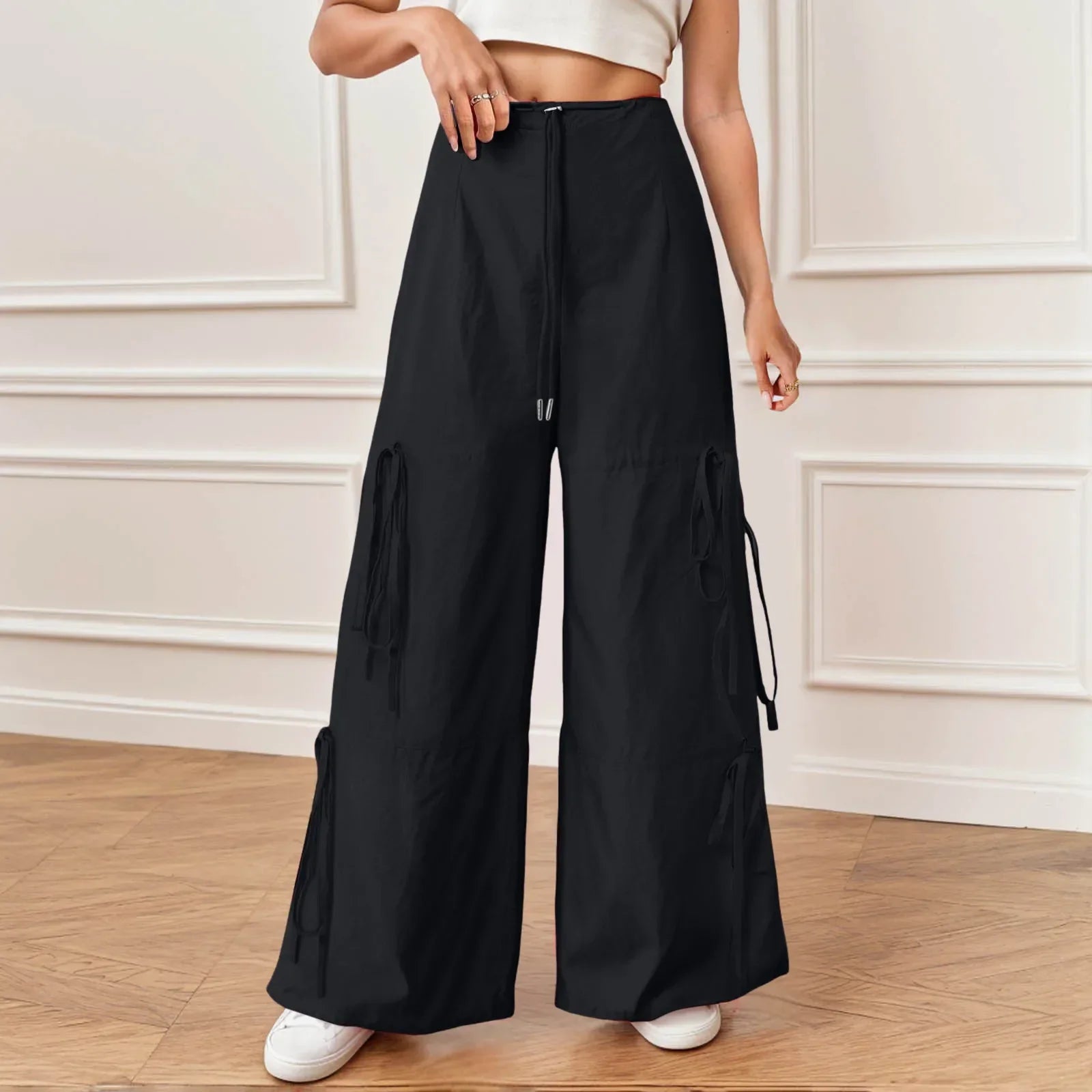 Pleated Wide Leg Sports Bow Tie Pants