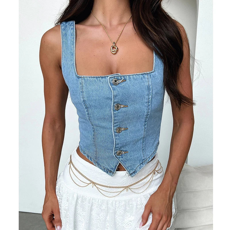 Denim Button Boat Crop Top