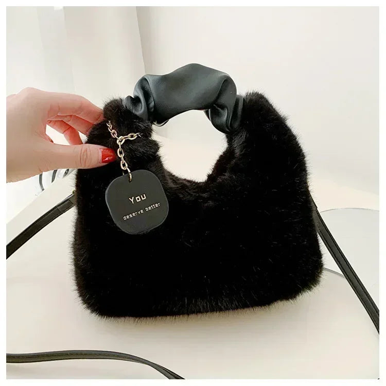 Faux Fur Plush Ruched Handle Crossbody Handbag