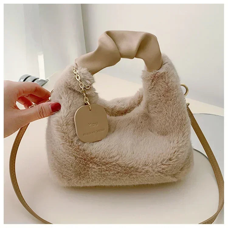 Faux Fur Plush Ruched Handle Crossbody Handbag