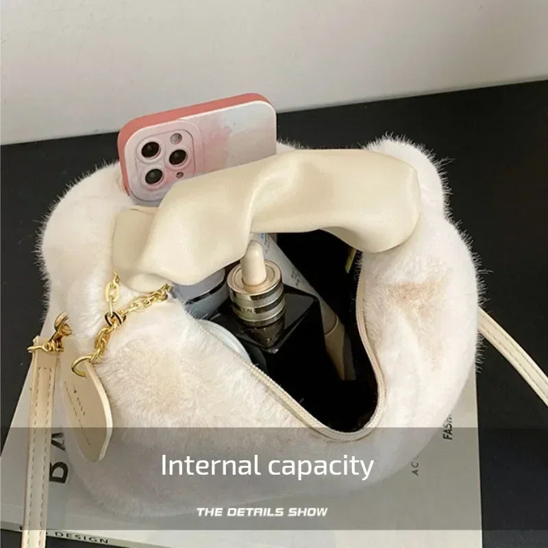 Faux Fur Plush Ruched Handle Crossbody Handbag