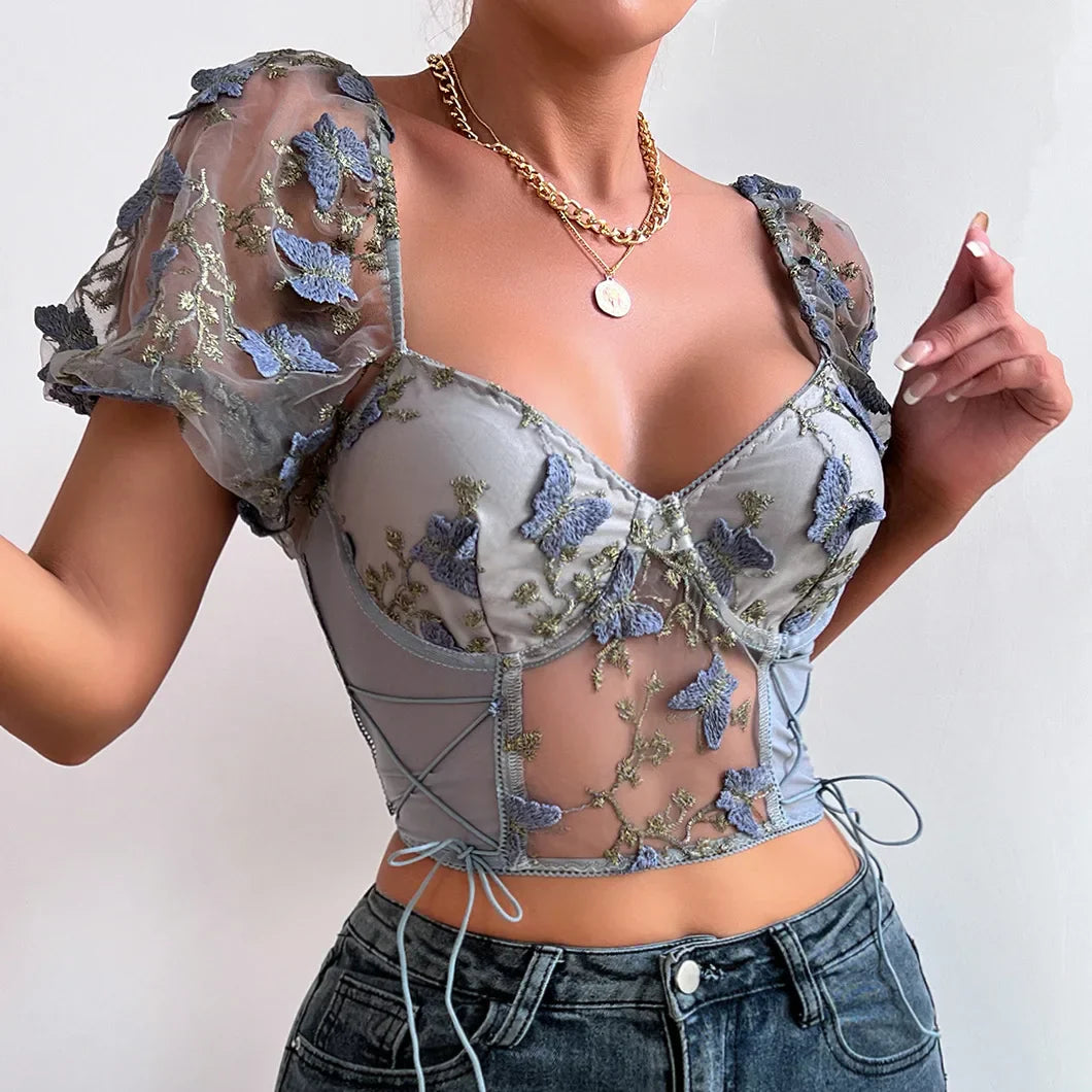 Butterfly Embroidered Mesh Puff Sleeve Lace-up Corset Top - Fashionpara
