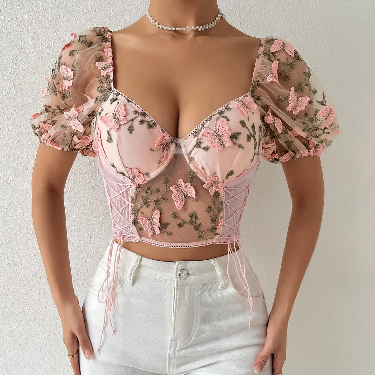 Butterfly Embroidered Mesh Puff Sleeve Lace-up Corset Top - Fashionpara