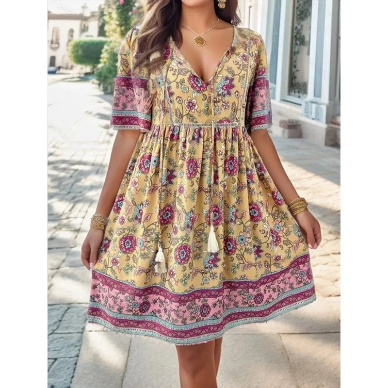 Boho Beach Floral Print Mini Floral Dress
