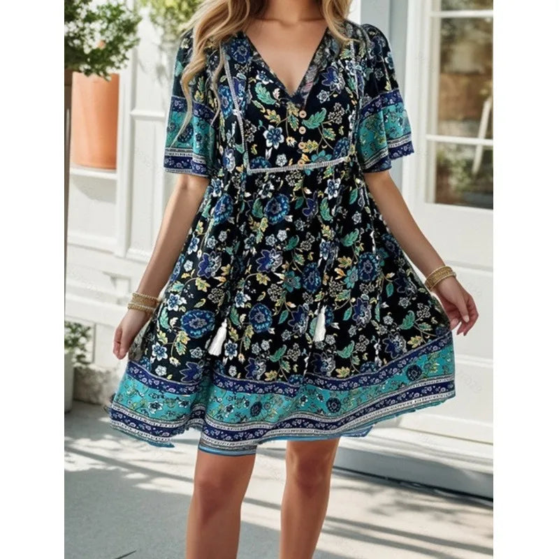 Boho Beach Floral Print Mini Floral Dress