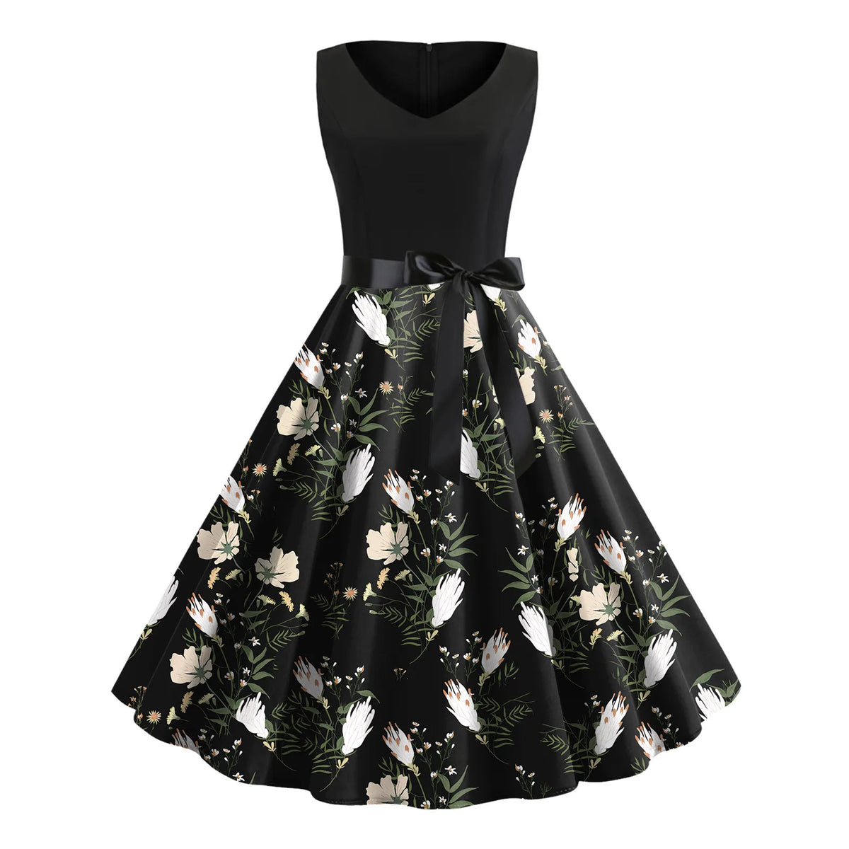 Floral Print V-Neck Sleeveless Belted Swing Dress 4