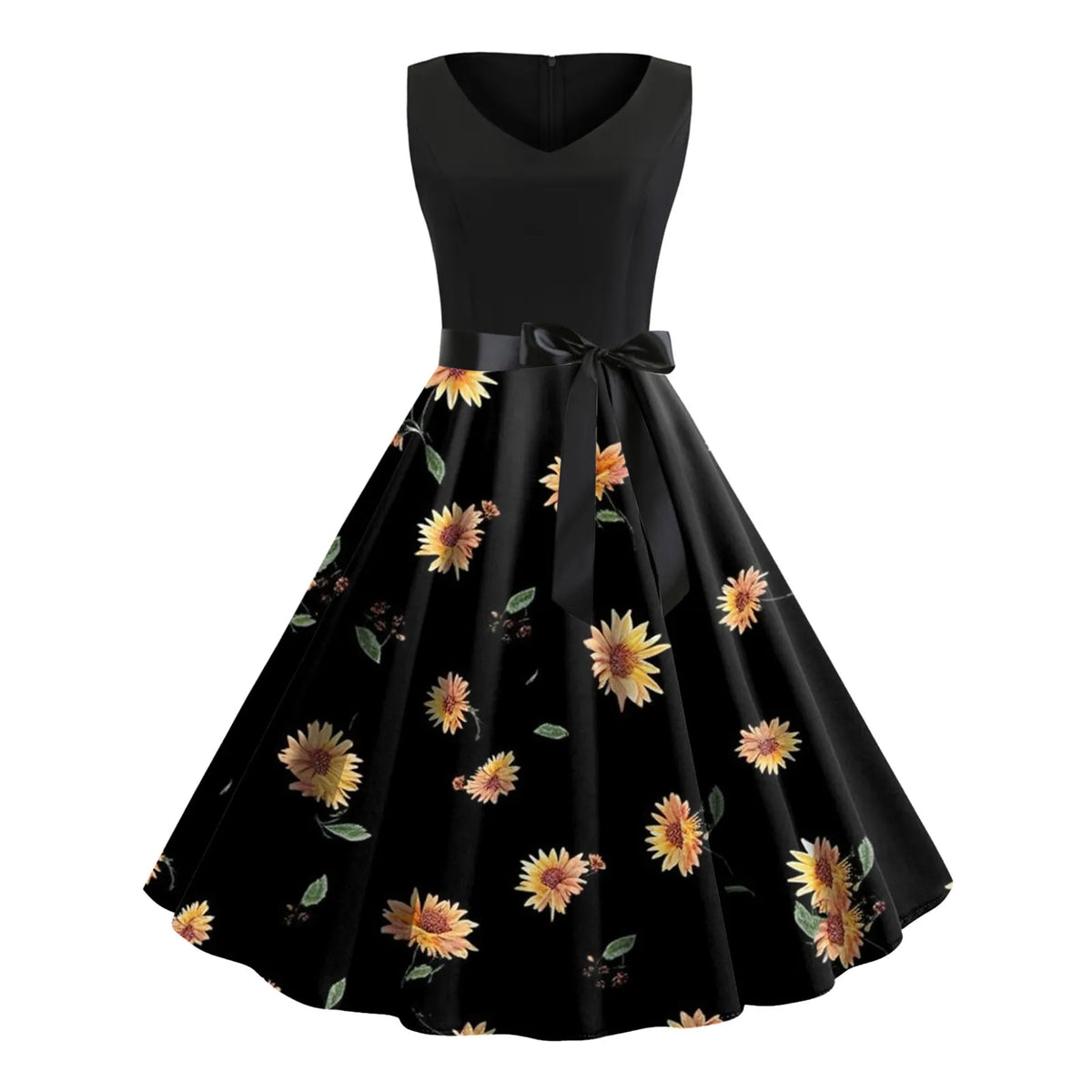 Floral Print V-Neck Sleeveless Belted Swing Dress 2
