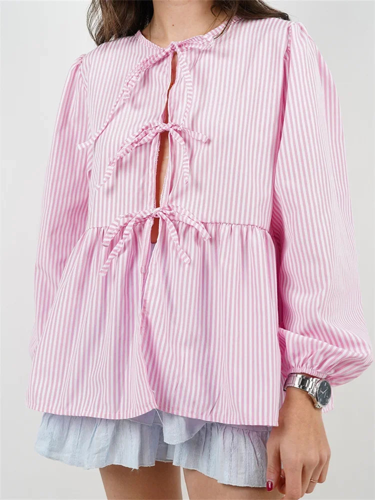 Plaid Stripe Front Tie-up Long Sleeve Blouse