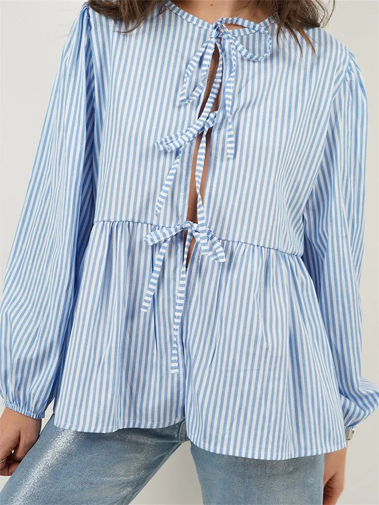 Plaid Stripe Front Tie-up Long Sleeve Blouse