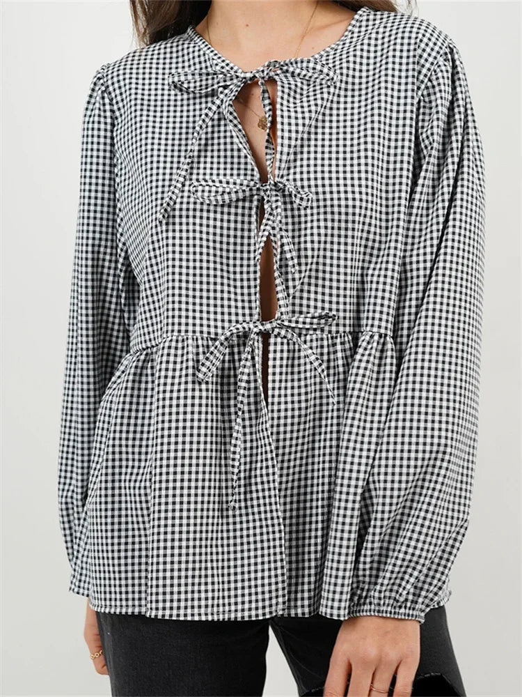 Plaid Stripe Front Tie-up Long Sleeve Blouse
