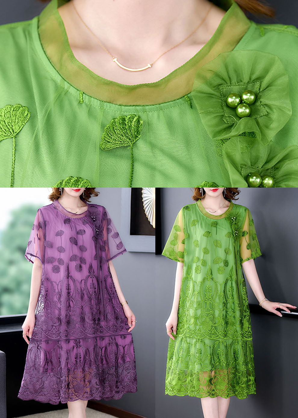 Mesh Round Neck Short Sleeve Floral Appliqué Midi Dress - View 5