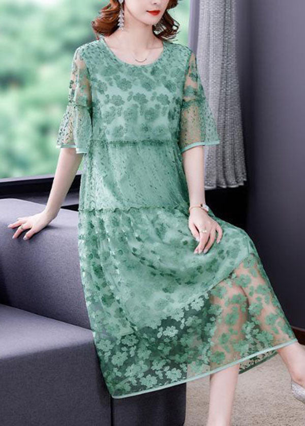 Round Neck Flare Sleeve Floral Lace Tiered Midi Dress